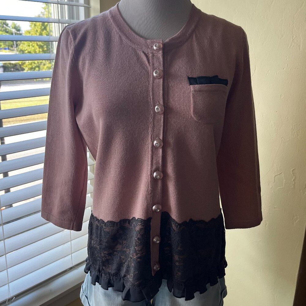 SHARAGANO Cardigan w/ Jewel Buttons & Lace, in Dusty Rose Mauve, Med. NEW!